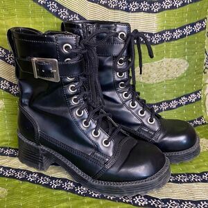 Vintage 90s No Boundaries Black Faux Leather Chunky Combat Boots Size 7.5
